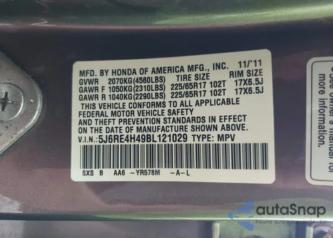 2011 Honda Cr-V Se from USA, damaged, VIN 5J6RE4H49BL121029